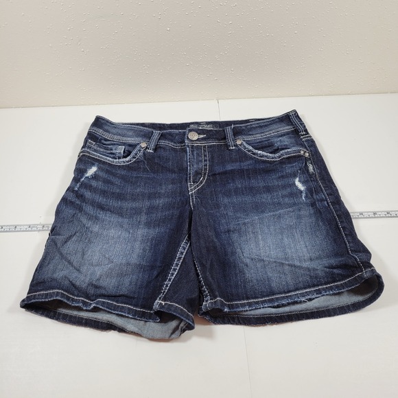 Silver Jeans Co. Pants - Silver Jean Suki Mid Short Women Size 14‎ Blue Excellent Dark Wash Distressed